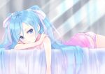  aqua_hair bad_id bare_shoulders bed blue_eyes camisole face hair_ribbon hand_on_own_shoulder hand_on_shoulder hatsune_miku kyuri long_hair looking_at_viewer lying on_stomach panties pink_panties ribbon solo sunbeam sunlight twintails underwear vocaloid 