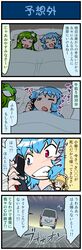  artist_self-insert bed blanket blonde_hair blue_hair blush car cellphone clenched_teeth closed_eyes comic driving eyes_closed frog_hair_ornament green_hair hair_ornament hat heterochromia highres kochiya_sanae mizuki_hitoshi moriya_suwako motor_vehicle open_mouth phone pillow real_life_insert tatara_kogasa tears touhou translated vehicle 