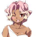  bare_shoulders breasts bust character_request cleavage copyright_request dark_skin drawfag dummy04 earrings fang freckles jewelry naso4 pink_hair red_eyes short_hair smile solo wink 
