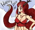 2012 bare_shoulders bb_(baalbuddy) breasts cleavage colored crop_top dragon_girl dragon_tail drawfag erect_nipples facial_tattoo horns large_breasts long_hair long_tail midriff monster_girl navel original red_eyes red_hair redhead sideboob solo tail tank_top tattoo