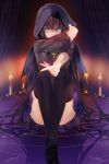  black_legwear brooch brown_hair candle cape curtains darkness green_eyes holding hood jewelry long_hair lowres magic_circle outstretched_arm pointing reum sitting sword_girls thigh-highs thighhighs 