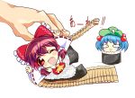  ascot bad_id blue_hair bow brown_hair chibi detached_sleeves fang food guchurimu_genrishugi hair_bobbles hair_bow hair_ornament hair_tubes hakurei_reimu hands hat highres in_food kawashiro_nitori miko minigirl multiple_girls o_o open_mouth outstretched_arms red_eyes short_hair sushi touhou translated translation_request wink 