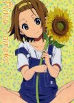  brown_eyes brown_hair brown_hiar flower hairband highres k-on! official_art overalls smile solo sunflower tainaka_ritsu 