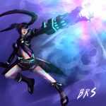  1girl arm_cannon black_hair black_rock_shooter black_rock_shooter_(character) boots coat glowing glowing_eye highres long_hair shorts solo twintails weapon zipper 