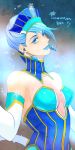  bare_shoulders blue_eyes blue_hair blue_rose_(tiger_&amp;_bunny) breasts cleavage earrings elbow_gloves gloves hat jewelry karina_lyle lipstick makeup short_hair solo superhero tiger_&amp;_bunny yamyo 