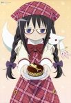  absurdres akemi_homura black_hair bow braid cake chocolate food glasses hair_bow hat highres kyubey kyuubee long_hair mahou_shoujo_madoka_magica megami glasses nakamura_naoto official_art plaid plate purple_eyes red-framed_glasses smile twin_braids twintails valentine violet_eyes 