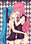  aqua_eyes aqua_hair argyle argyle_background bad_id bare_shoulders bow camisole hair_bow hair_ribbon hatsune_miku highres incipient_kiss lingerie long_hair megurine_luka multiple_girls open_mouth panties pink_hair ribbon see-through side-tie_panties suzuho twintails underwear very_long_hair vocaloid yuri 