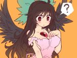  :o ? apron bare_shoulders black_hair black_wings blush bow breasts bust cleavage erect_nipples hair_bow large_breasts long_hair looking_down miruki naked_apron orange_background red_eyes reiuji_utsuho simple_background solo stare strap_slip touhou wide-eyed wings 