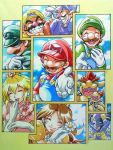  6+boys ^_^ anei bad_id blonde_hair bowser bowser_jr. brooch brown_hair character_request closed_eyes cloud crown dimentio facial_hair fangs flower gloves grin hand_on_own_chest happy hat jewelry laughing luigi mario marker_(medium) mask mr_l multiple_boys multiple_girls mustache nintendo open_mouth overalls paper_mario princess_daisy princess_peach smile super_mario_bros. traditional_media waluigi wario white_gloves 