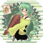  ao_ringo argyle argyle_legwear bespectacled glasses green_eyes green_hair hatsune_miku leg_hug long_hair pantyhose solo sweater twintails very_long_hair vocaloid 