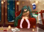  1girl book christmas closed_eyes gift green_hair hatsune_miku mochizuki_yomogi open_book ribbed_sweater scarf sitting solo striped striped_legwear sweater_dress twintails vocaloid 