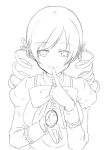  drill_hair finger_to_mouth hair_ornament lineart looking_down mahou_shoujo_madoka_magica meet monochrome simple_background smile solo soul_gem tomoe_mami twin_drills twintails 