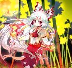  ascot bamboo bamboo_forest bow fire forest fujiwara_no_mokou hair_bow kurohagi_ryou light_smile long_hair nature red_eyes silver_hair solo suspenders touhou very_long_hair 