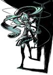  boots detached_sleeves floating_hair green_eyes green_hair hatsune_miku long_hair looking_back meitei microphone mouth_hold necktie skirt solo thigh-highs thigh_boots thighhighs twintails very_long_hair vocaloid 