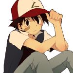  bad_id bandaid black_hair blush boy brown_eyes child denim hat lowres male messy_hair ochappa pokemon pokemon_(anime) satoshi_(pokemon) satoshi_(pokemon)_(classic) simple_background sitting solo vest 
