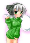  1girl aura blush bottomless bow breasts green_eyes hair_bow konpaku_youmu konpaku_youmu_(ghost) looking_at_viewer naked_sweater no_pants raised_arm ribbed_sweater rody shirt_tug short_hair simple_background sleeves_past_wrists solo sweater sweater_pull touhou turtleneck white_background white_hair 