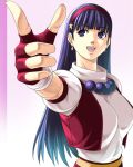  1girl asamiya_athena bad_id bangs beads blue_hair breasts earrings female fingerless_gloves gloves hairband jewelry king_of_fighters large_breasts long_hair noriheita open_mouth puffy_sleeves purple_eyes purple_hair shirt simple_background smile snk solo star_hair_ornament straight_hair vest 