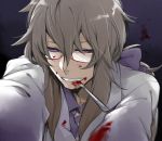  arms_up bangs biting blood blood_on_face blood_splatter blood_stain bloody_clothes blurry bow brown_hair depth_of_field glasses grin hair_bow hair_ribbon hatoful_kareshi iwamine_shuu jacket knife long_sleeves looking_at_viewer male necktie outstretched_arms personification ponytail purple_eyes ribbon silverpop_night smile solo striped striped_necktie teeth violet_eyes white_jacket yandere 