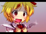  black_dress blonde_hair blood blood_on_face bloody_clothes bloody_knife chibi dress fang fork hair_ribbon knife letterboxed open_mouth pr0vidence red_eyes red_star_(toranecomet) ribbon rumia shirt short_hair smile solo the_embodiment_of_scarlet_devil touhou youkai 