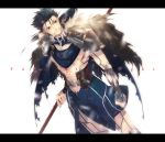  alternate_costume blue_hair cape dutch_angle earrings fate/stay_night fate_(series) fur_trim gae_bolg hiramatsu_(rama) jewelry lancer letterboxed long_hair male pauldron pauldrons polearm ponytail red_eyes smile solo spear tattoo vambraces weapon 