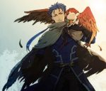  alternate_costume bird black_gloves blue_hair cape eagle fate/stay_night fate_(series) feathers gae_bolg gloves lancer long_hair male moco5525 ponytail red_eyes solo 