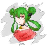  bell bell_collar bust collar double_bun glasses green_hair hair_rings horns mei_(oniro) oniro original pas_(paxiti) red_eyes solo 