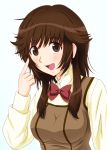  amagami bow brown_eyes brown_hair bust cosplay diesel-turbo highres looking_at_viewer maria_holic open_mouth sakurai_rihoko school_uniform seiyuu_connection shintani_ryouko simple_background solo 