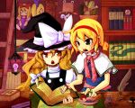  alice_margatroid blonde_hair book bookshelf cactus doll green_eyes hat highres ink jewelry kirisam_marisa kirisame_marisa multiple_girls mushroom nagarehibana open_book open_mouth pyonta quill ring snake touhou witch_hat yellow_eyes 