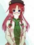  1girl alternate_costume alternate_headwear bespectacled blue_eyes bow braid bust china_dress chinese_clothes contemporary female food glasses hair_bow hands_in_pockets hat hong_meiling hoodie long_hair meet mouth_hold nikuman open_hoodie red-framed_glasses red_hair redhead simple_background solo touhou twin_braids 