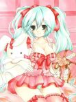  aqua_hair breasts bunny cleavage green_eyes hair_ribbon hatsune_miku jpeg_artifacts long_hair panties rabbit ribbon sitting skirt smile solo striped striped_panties stuffed_animal stuffed_toy thigh-highs thighhighs traditional_media twintails underwear very_long_hair vocaloid yoruoujito-tsukinohime 