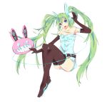  absurdres bad_id bare_shoulders black_legwear blue_eyes elbow_gloves gloves green_hair hatsune_miku highres instrument keyboard_(instrument) long_hair looking_at_viewer open_mouth shorts simple_background smile solo thigh-highs thighhighs twintails very_long_hair vocaloid zombie_neko 