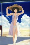  1girl absurdres akayama_kisai artist_request bare_shoulders beach bikini black_eyes black_hair blue_sky cloud crossed_legs_(standing) dress front-tie_top hat highres kimi_kiss kimikiss looking_at_viewer open_clothes see-through shijou_mitsuki short_hair sky smile solo sun_hat swimsuit takayama_kisai white_bikini white_dress 