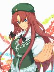  beckon beckoning blue_eyes bow braid chinese_clothes clenched_hand fighting_stance fingernails fist hair_bow hands hat hong_meiling long_hair meet red_hair redhead smirk solo touhou twin_braids vest 