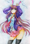  :3 animal_ears arms_up black_legwear blazer bunny_ears bunny_tail colored_pencil_(medium) highres kitazinger long_hair looking_at_viewer necktie open_clothes open_jacket pink_hair red_eyes reisen_udongein_inaba shirt skirt smile solo tail thigh-highs thighhighs touhou traditional_media zettai_ryouiki 