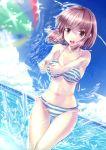  ball beach beachball bikini blurry brown_eyes brown_hair chouno_misaki depth_of_field highres original short_hair striped striped_bikini striped_swimsuit swimsuit volleyball 