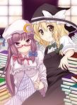  bespectacled black_dress blonde_hair blush book braid brown_eyes capelet crescent dress glasses grin hair_ribbon hand_holding hat hat_ribbon holding_hands kirisame_marisa long_hair multiple_girls patchouli_knowledge purple_dress purple_eyes purple_hair ribbon shirt smile striped striped_dress touhou violet_eyes window witch witch_hat yasuhito 