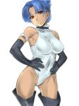  bare_shoulders blair_dame blue_hair breasts dodai_shouji elbow_gloves gloves leotard short_hair simple_background solo street_fighter street_fighter_ex 