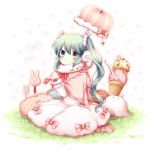  aqua_eyes aqua_hair dress earmuffs food hatsune_miku ice_cream mittens sanotsuki sitting solo twintails umbrella vocaloid 