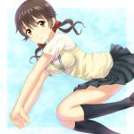  black_legwear blush brown_eyes brown_hair guilty_crown hair_ribbon kneehighs long_hair man_dam menjou_hare ribbon school_uniform skirt smile solo sweater_vest twintails 