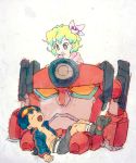  1boy 1girl couple faux_traditional_media goggles goggles_on_head kaeru_touritsu lagann mecha multicolored_hair nia_teppelin simon sleeping smile tengen_toppa_gurren_lagann two-tone_hair 