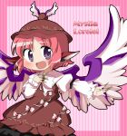  animal_ears ayu_(iyokanya) blush bow brown_dress chibi dress ear_piercing fingernails frame hand_on_own_chest hat long_fingernails mystia_lorelei open_mouth outstretched_arm piercing pink_hair purple_eyes shirt short_hair smile solo touhou violet_eyes wings 
