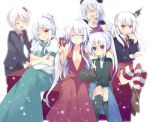  anceril_sacred bare_shoulders black_legwear blue_eyes blurry boots bowtie breasts cake ciel_sacred cleavage closed_eyes crossed_arms detached_sleeves dress eating eyes_closed food formal hair_bobbles hair_ornament heterochromia kneehighs large_breasts liana_(mishima_kurone) long_hair looking_at_viewer mishima_kurone multiple_girls no_bra open_mouth original payot plate red_eyes short_hair side_ponytail silver_hair sitting skirt smile striped striped_legwear suit thigh-highs thighhighs tierra_(mishima_kurone) twintails v very_long_hair wink 