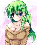  bare_shoulders blue_eyes blush breasts bust cleavage collarbone frog green_hair hair_ornament highres kaima kochiya_sanae large_breasts long_hair naked_sweater no_bra off_shoulder pullover ribbed_sweater smile snake solo sweater touhou 