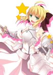  ahoge armor armored_dress bare_shoulders blonde_hair bow caliburn dress fate/stay_night fate/unlimited_codes fate_(series) faulds gauntlets green_eyes hair_bow highres open_mouth ponytail saber saber_lily samuraig solo sword weapon 