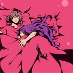  1girl bed_sheet brown_hair closed_eyes couple eyepatch eyes_closed holding jewelry long_hair mirai_nikki nishijima_masumi pillow pink_background purple_hair ring shared_blanket sleeping touko_(wisterio) uryuu_minene 