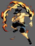  abs belt black_eyes black_hair boots cowboy_hat fire flame freckles hat highres jewelry knife male momo_moto muscle necklace one_piece portgas_d_ace sad_face shirtless shorts simple_background smile smiley_face solo tattoo topless weapon 