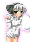  1girl aura blush bottomless bow breasts green_eyes hair_bow konpaku_youmu konpaku_youmu_(ghost) looking_at_viewer naked_sweater no_pants raised_arm ribbed_sweater rody shirt_tug short_hair simple_background sleeves_past_wrists solo sweater sweater_pull touhou turtleneck white_background white_hair 