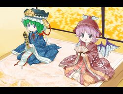  animal_ears black_eyes blue_eyes child fan folding_fan green_hair hat hina_ningyou japanese_clothes letterboxed multiple_girls mystia_lorelei pink_hair rod_of_remorse sawayaka_samehada shikieiki_yamaxanadu short_hair sitting touhou wings 