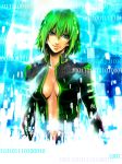  binary breasts cleavage green_eyes green_hair gumi heine highres jacket looking_at_viewer open_clothes open_jacket short_hair smile solo vocaloid 