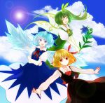  alternate_wings bad_id blonde_hair blue_eyes blue_hair cirno closed_eyes cloud crossed_arms daiyousei dress eyes_closed fairy_wars fairy_wings flower green_hair hair_ribbon lens_flare long_hair multiple_girls outstretched_arms red_eyes ribbon rumia short_hair side_ponytail sky smile spread_arms touhou viridiflora wings youkai 